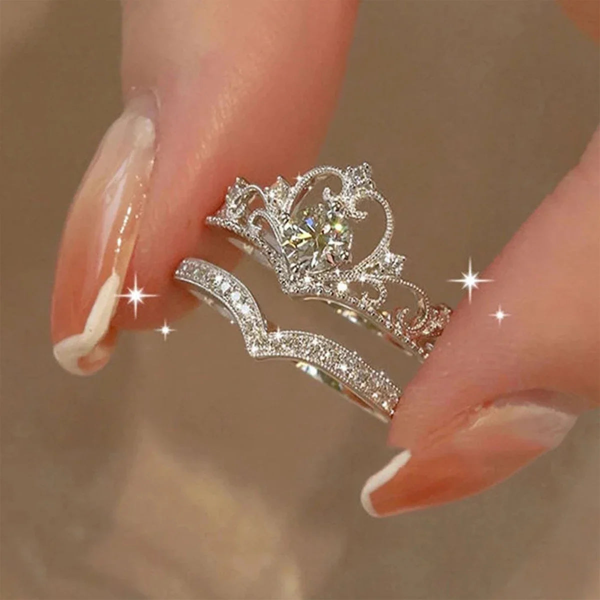 Silver Main Stone Color Stainless Steel Crystal Crown Vintage Ring Set