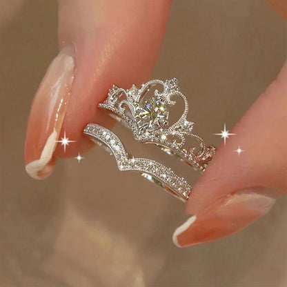Silver Main Stone Color Stainless Steel Crystal Crown Vintage Ring Set