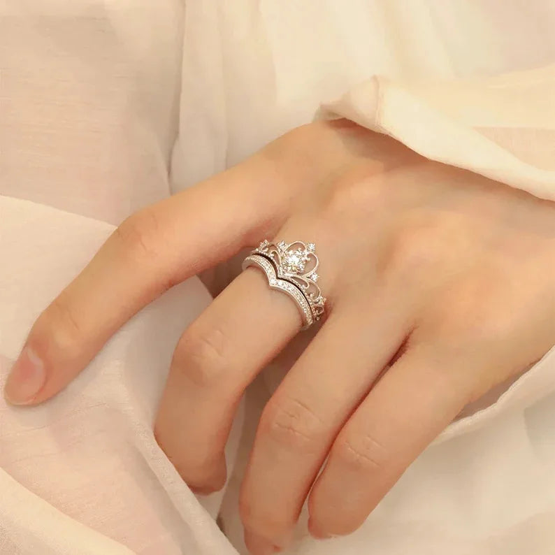 Stainless Steel Crystal Crown Vintage Ring Set