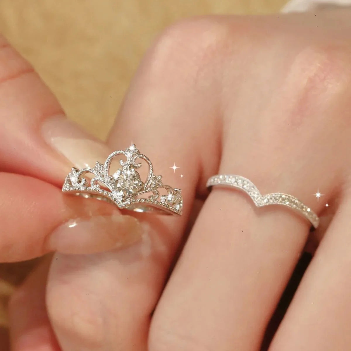 Stainless Steel Crystal Crown Vintage Ring Set