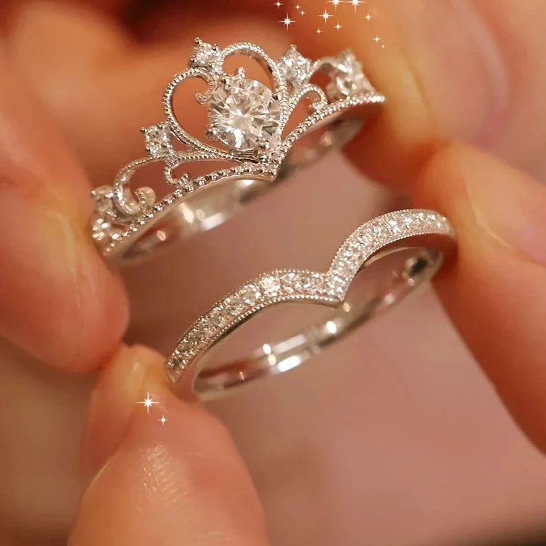 Stainless Steel Crystal Crown Vintage Ring Set
