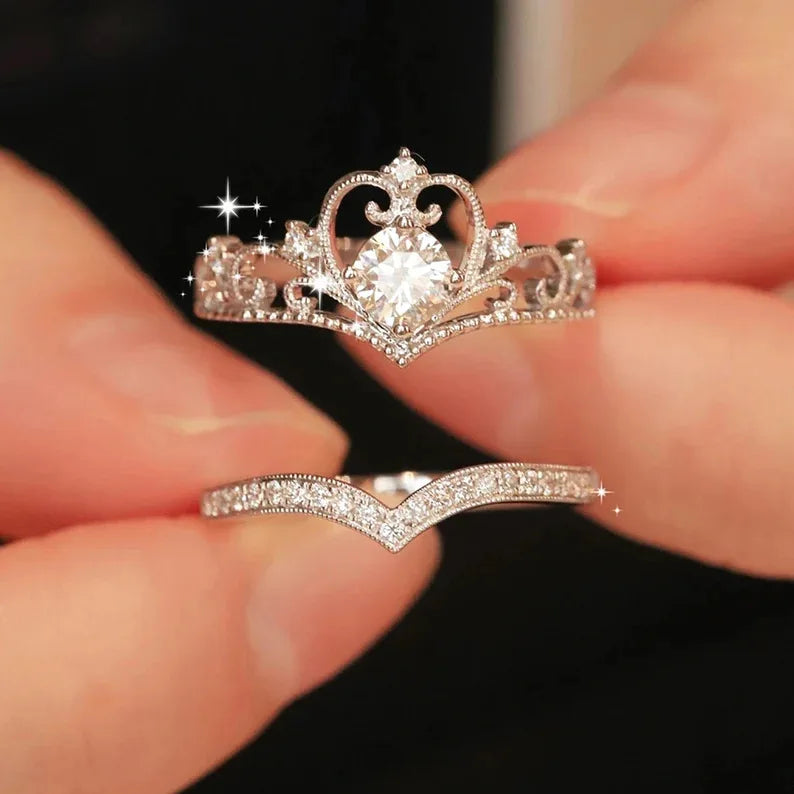 Stainless Steel Crystal Crown Vintage Ring Set