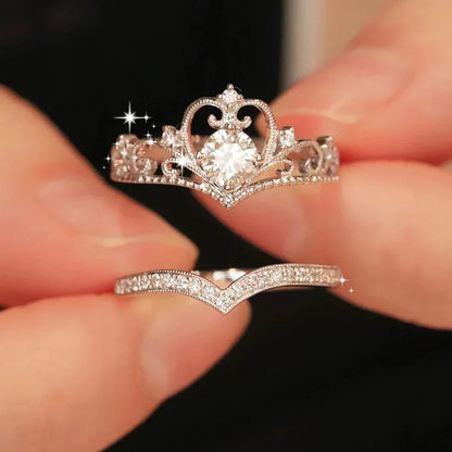 Stainless Steel Crystal Crown Vintage Ring Set