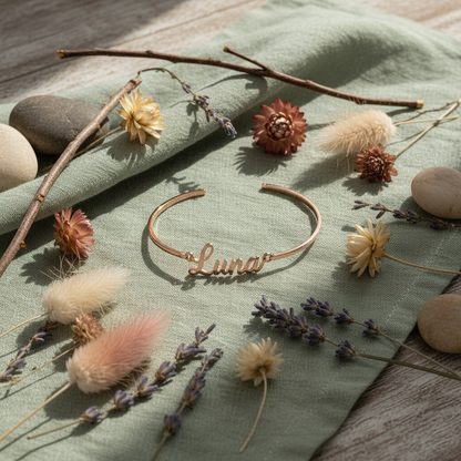 Custom Name Bracelet Earthy Flat Lay