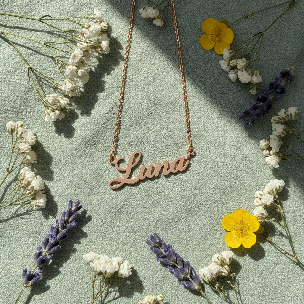Custom Name Necklace Earthy Flat Lay