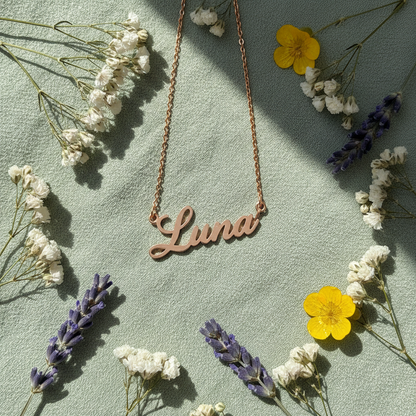 Custom Name Necklace Earthy Flat Lay