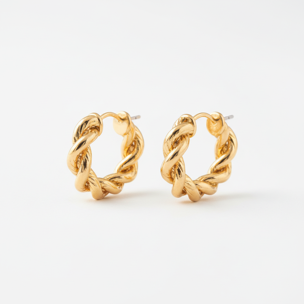 Twisted rope gold hoop earrings textured braided design