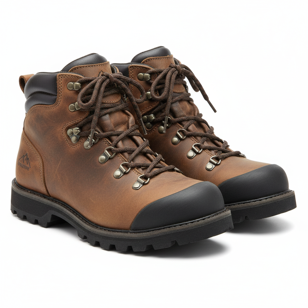 Men's hiking boots rugged brown leather ankle support thick rubber outsole