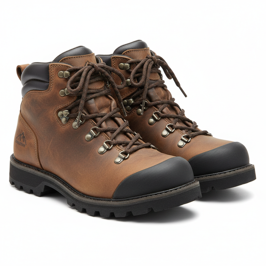 Men's hiking boots rugged brown leather ankle support thick rubber outsole