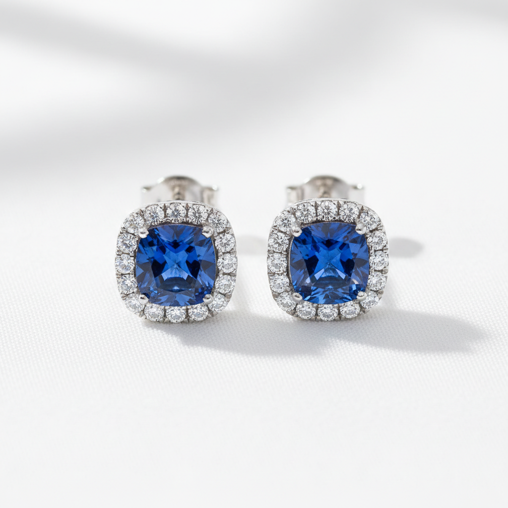 Sapphire blue diamond stud earrings deep blue gemstones silver setting