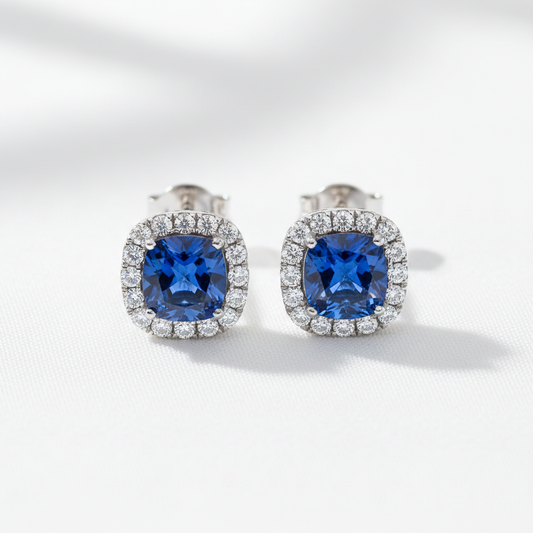 Sapphire blue diamond stud earrings deep blue gemstones silver setting