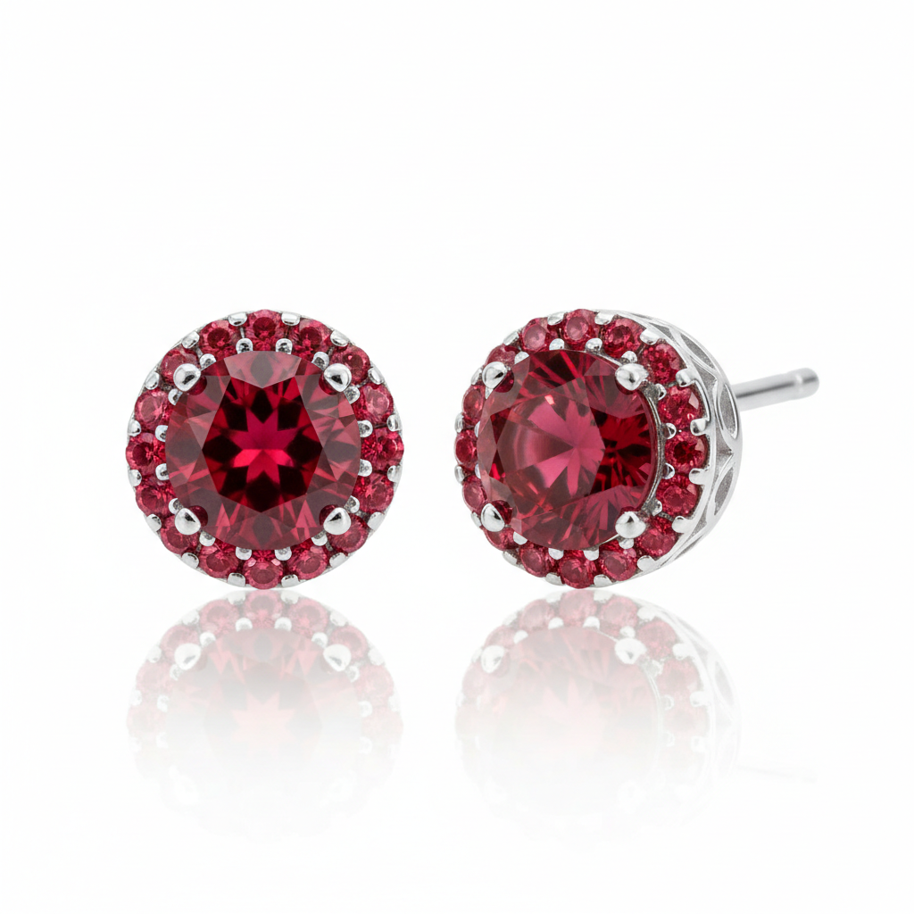 Ruby red diamond stud earrings brilliant red gemstones silver setting