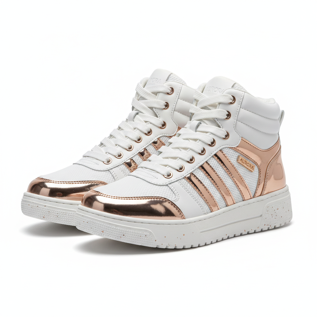 Women's high-top sneakers white and rose gold metallic accents