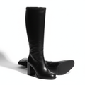 Women's knee-high boots sleek black leather block heel side zipper