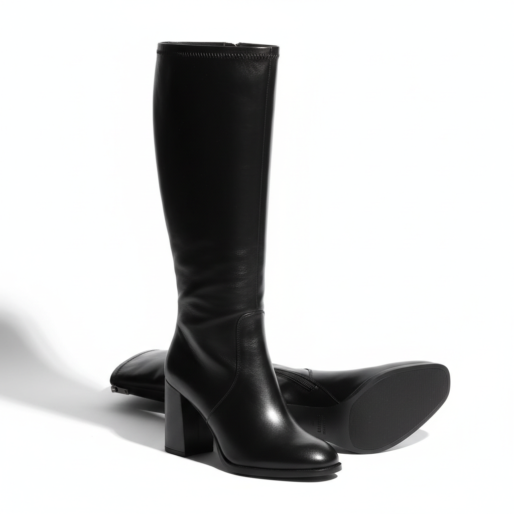 Women's knee-high boots sleek black leather block heel side zipper