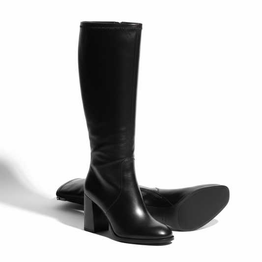 Women's knee-high boots sleek black leather block heel side zipper