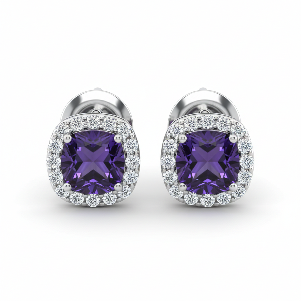 Amethyst purple diamond stud earrings vibrant purple gemstones silver setting