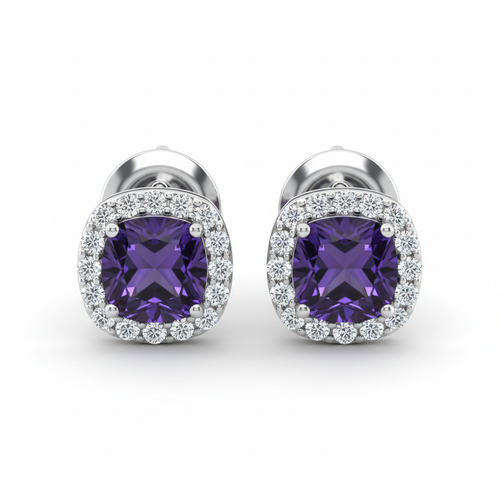 Amethyst purple diamond stud earrings vibrant purple gemstones silver setting