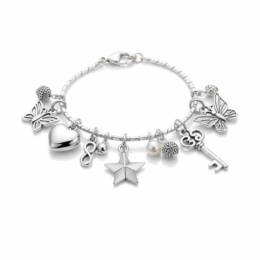 Charm bracelet silver chain with heart star butterfly and key charms