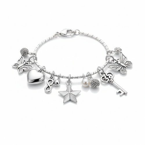 Charm bracelet silver chain with heart star butterfly and key charms