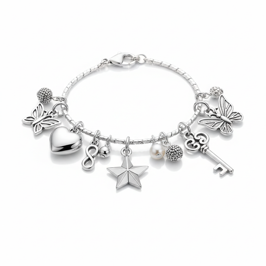 Charm bracelet silver chain with heart star butterfly and key charms