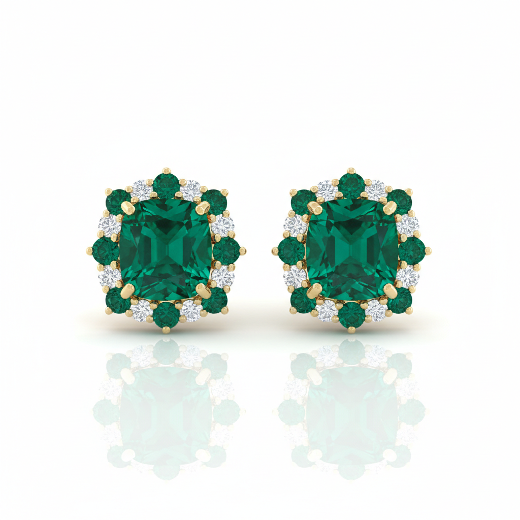 Emerald green diamond stud earrings rich green gemstones gold setting