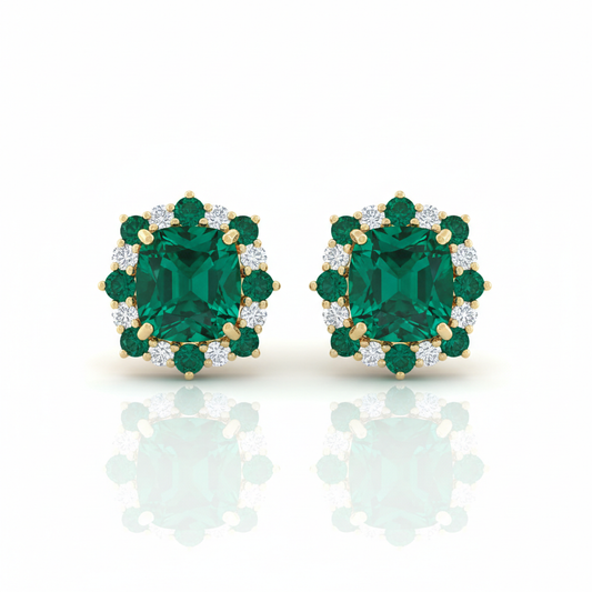 Emerald green diamond stud earrings rich green gemstones gold setting