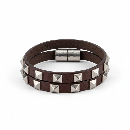 Leather wrap bracelet dark brown multiple wraps silver stud accents