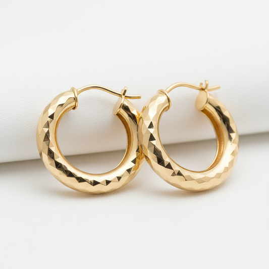 Diamond-cut gold hoop earrings faceted sparkling finish
